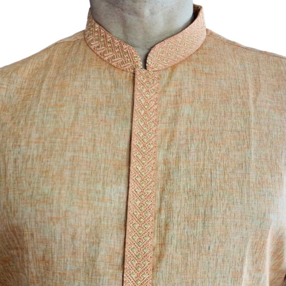 Men's Indian Light Orange Embroidered Malmal  Cotton Kurta